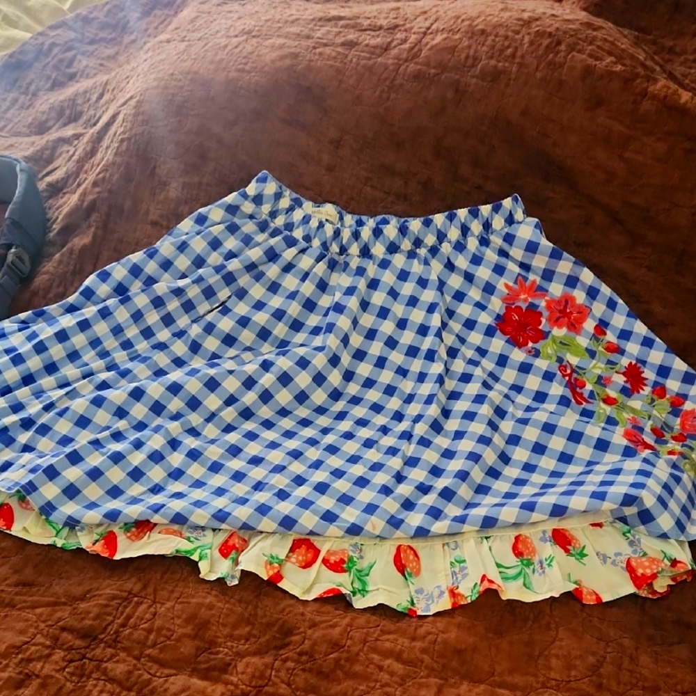 Matilda Jane Blue Checkered Skirt with Red Floral And Strawberry Accents